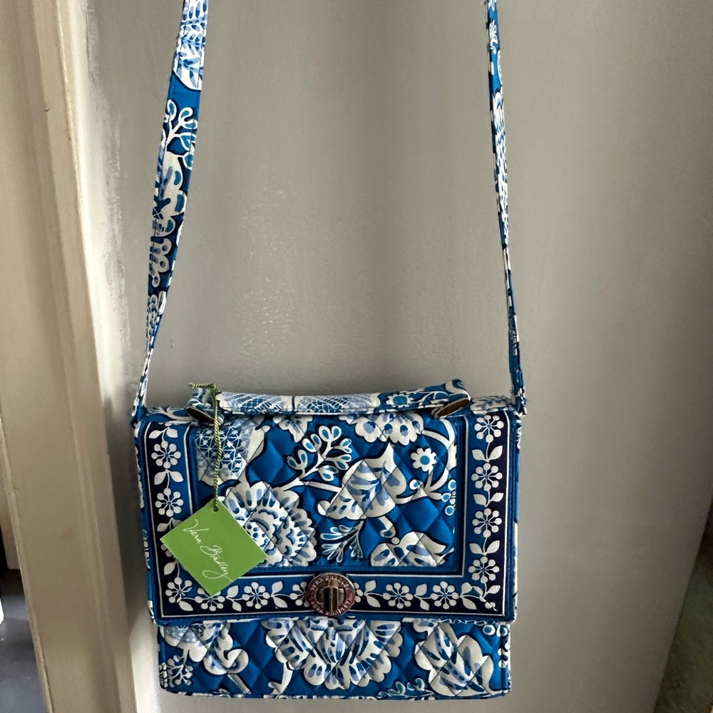 Vera Bradly handbag with long strap. NWT,never worn,soft cotton blend blue print
